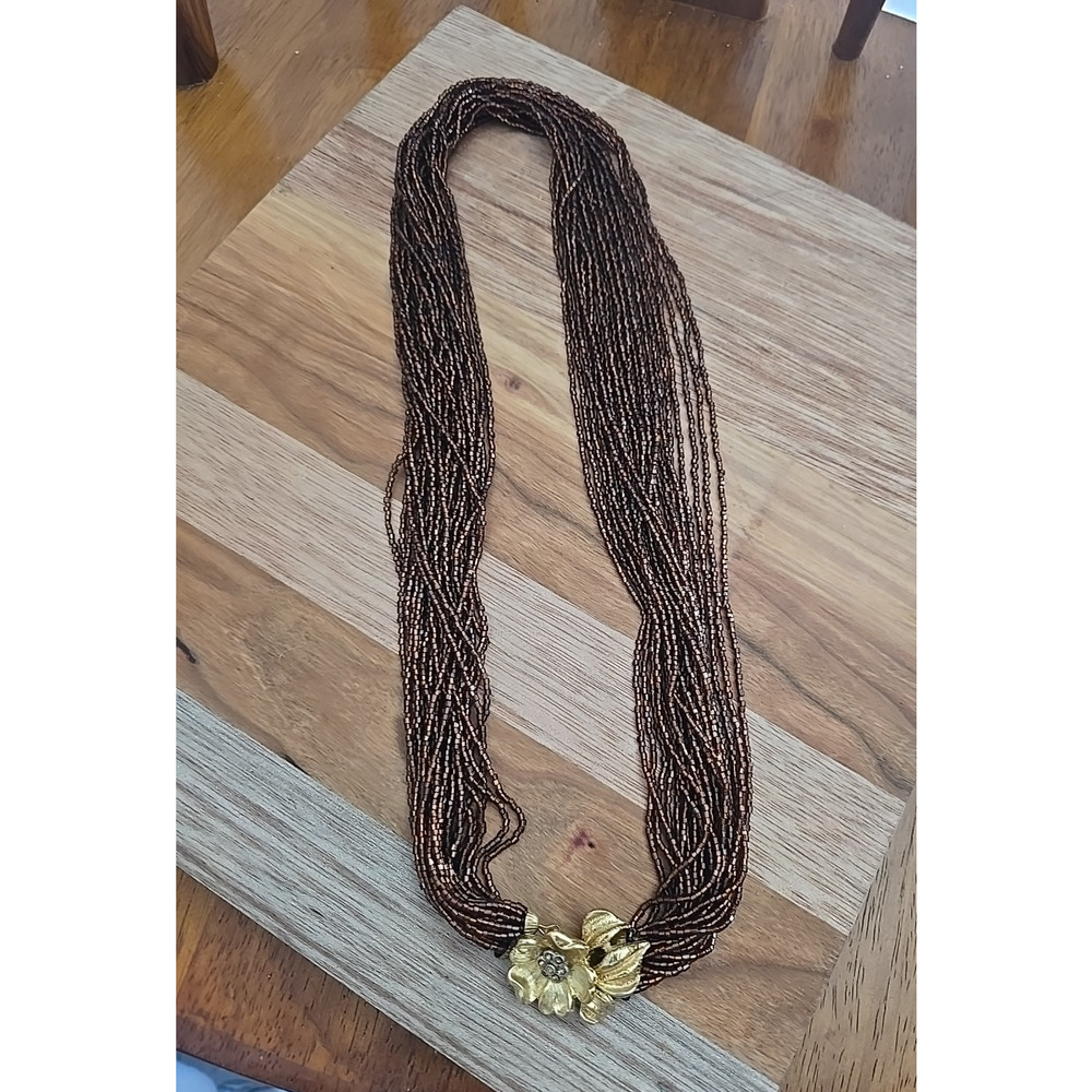 Vtg Brown Seed Beaded Multi-Strand Gold Tone Flower Clasp‎ Boho Necklace Jewelry